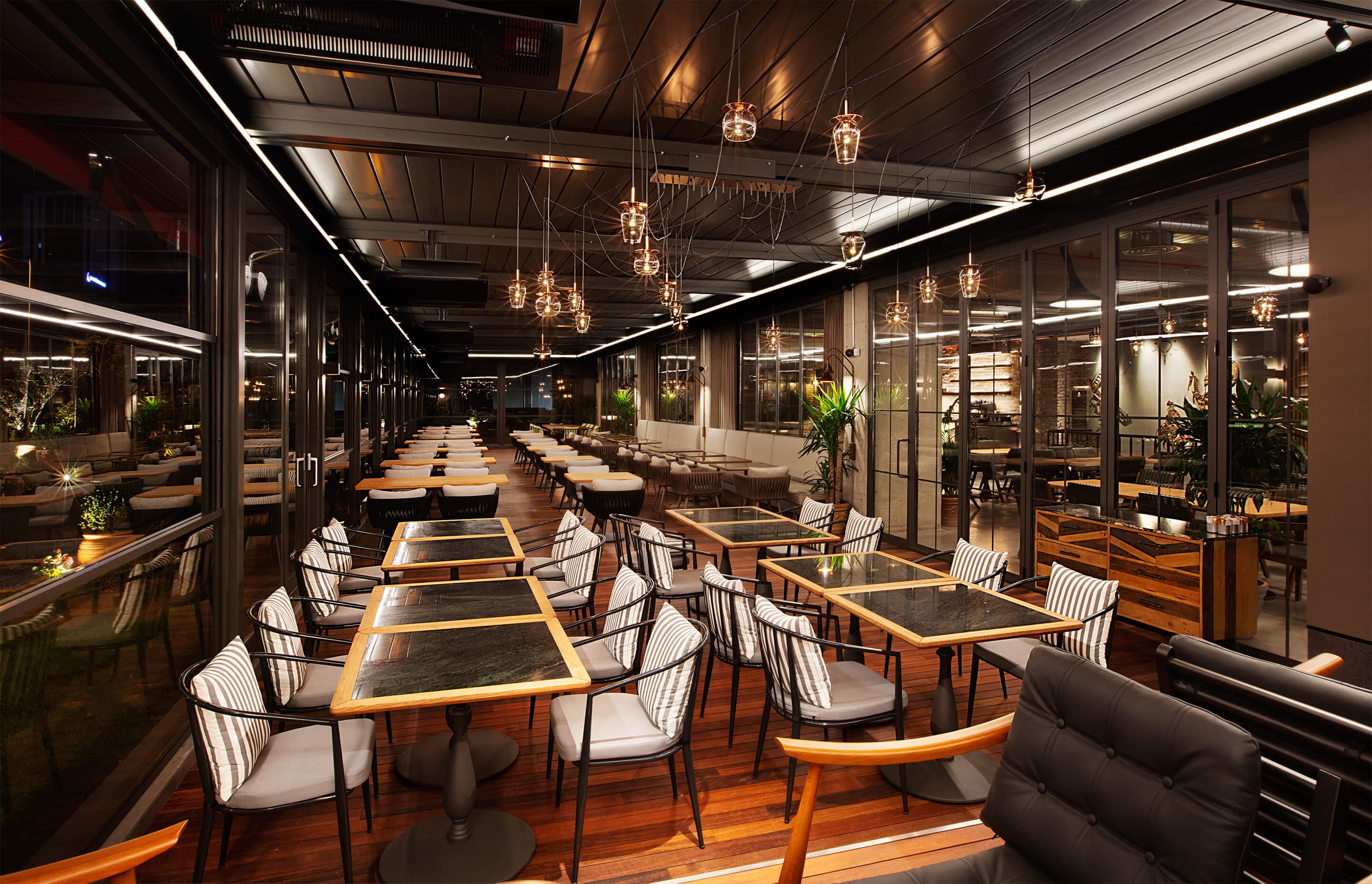 Glass enclosure interior lighting at night