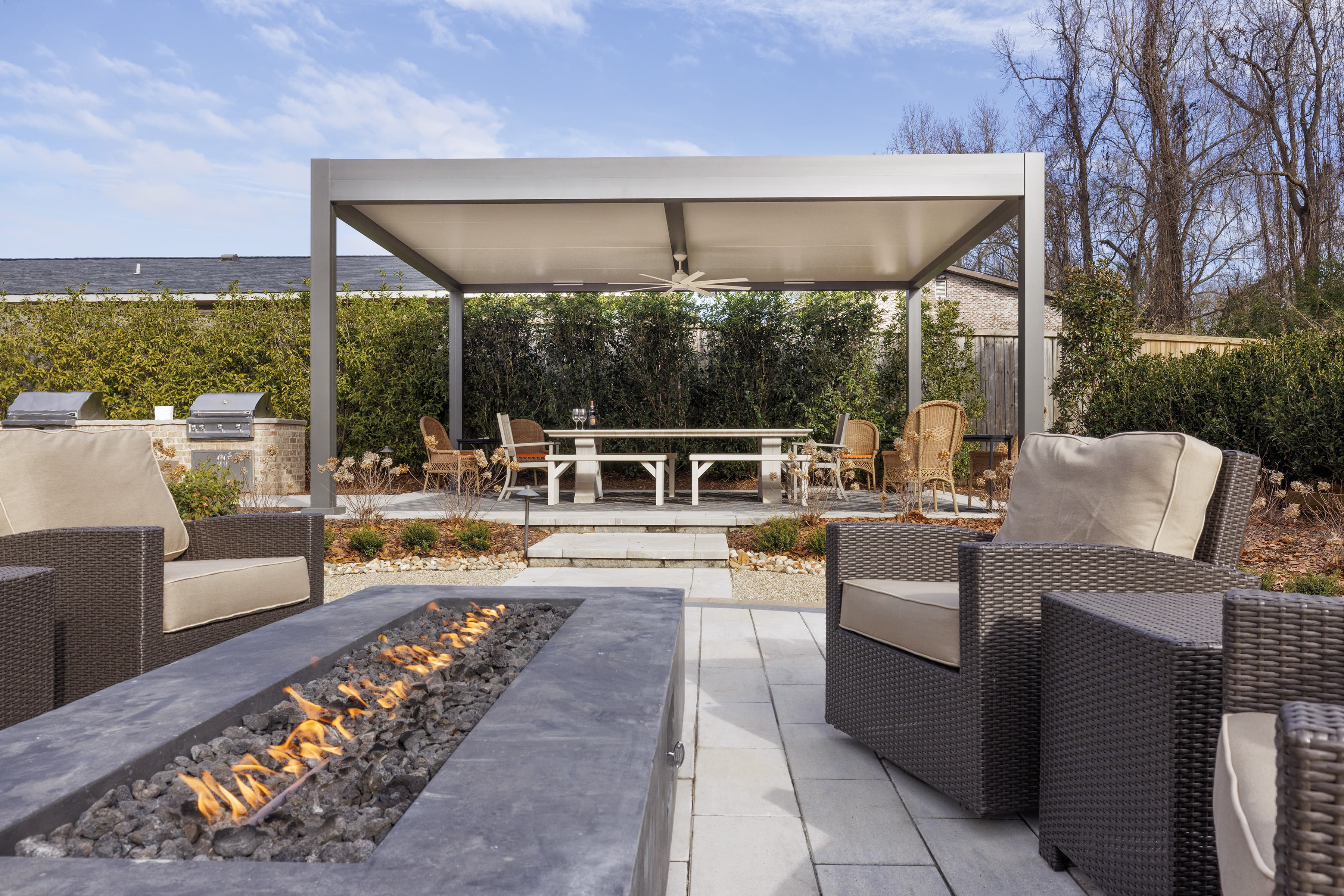Gray and white R-Shade over outdoor kitchen