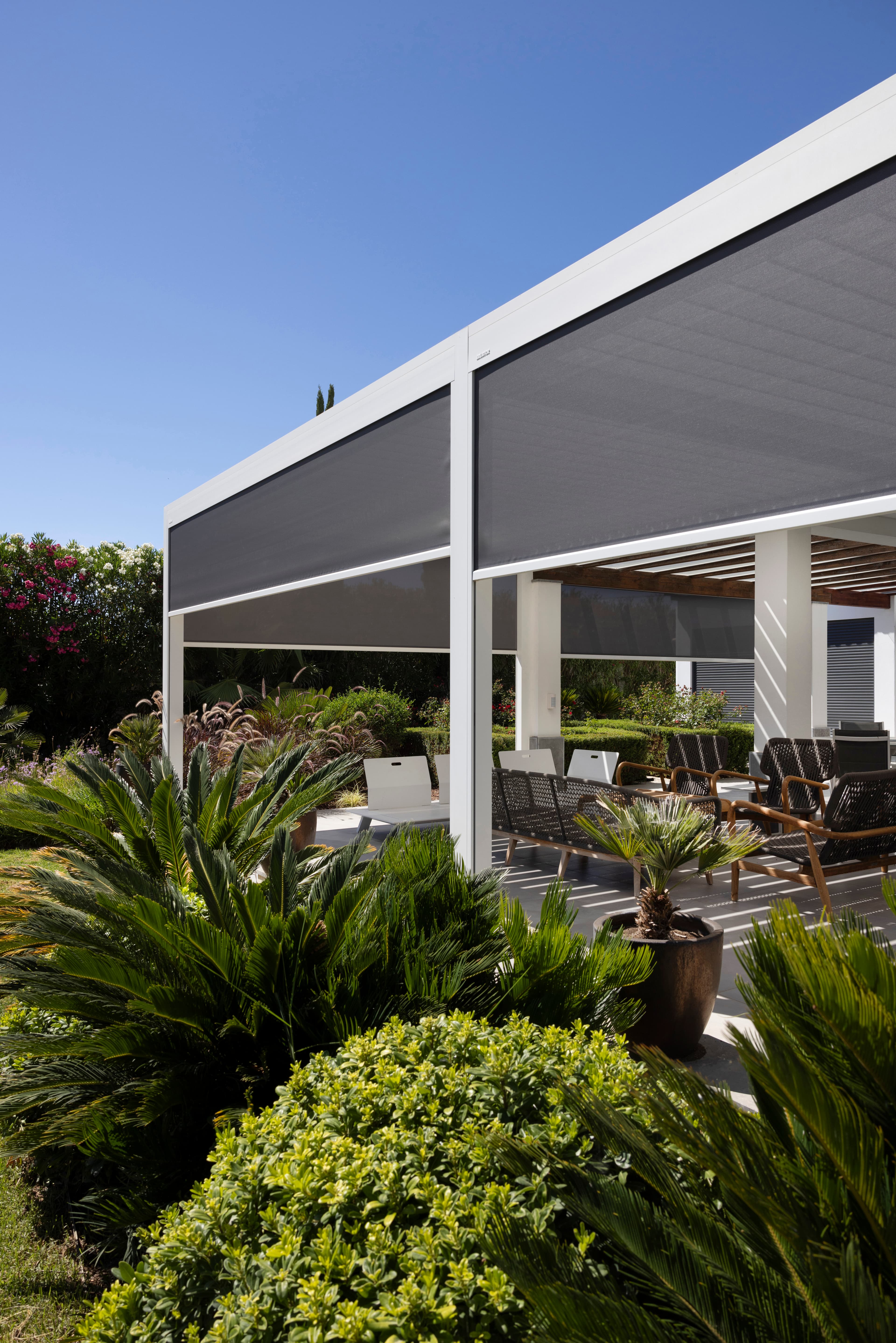 Motorized mesh screens deployed on white pergola