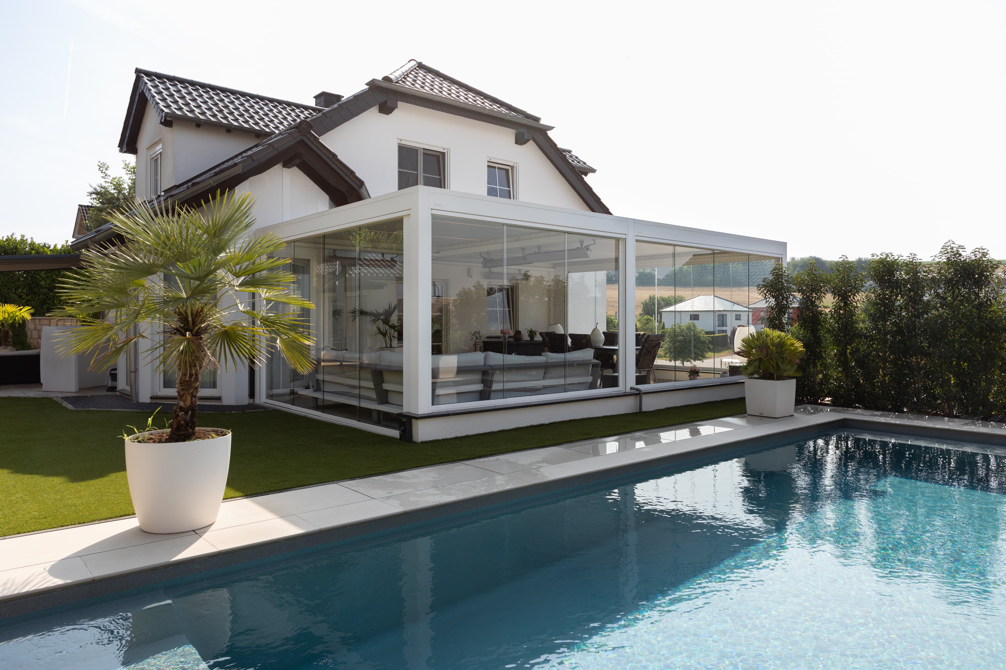 residential white pergola pool glass doors 01