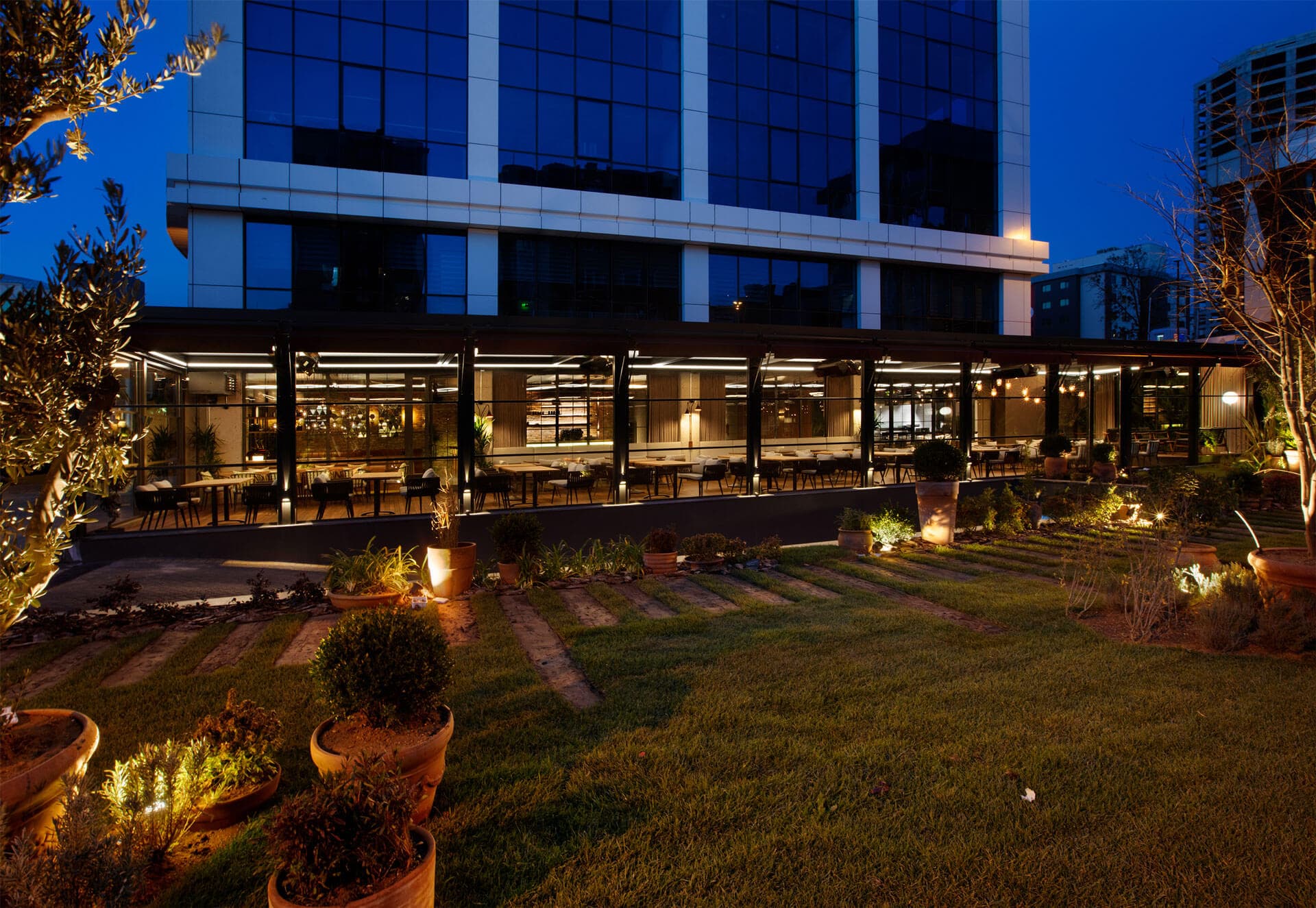 Commercial glass and roof system used for hotel terrace planning
