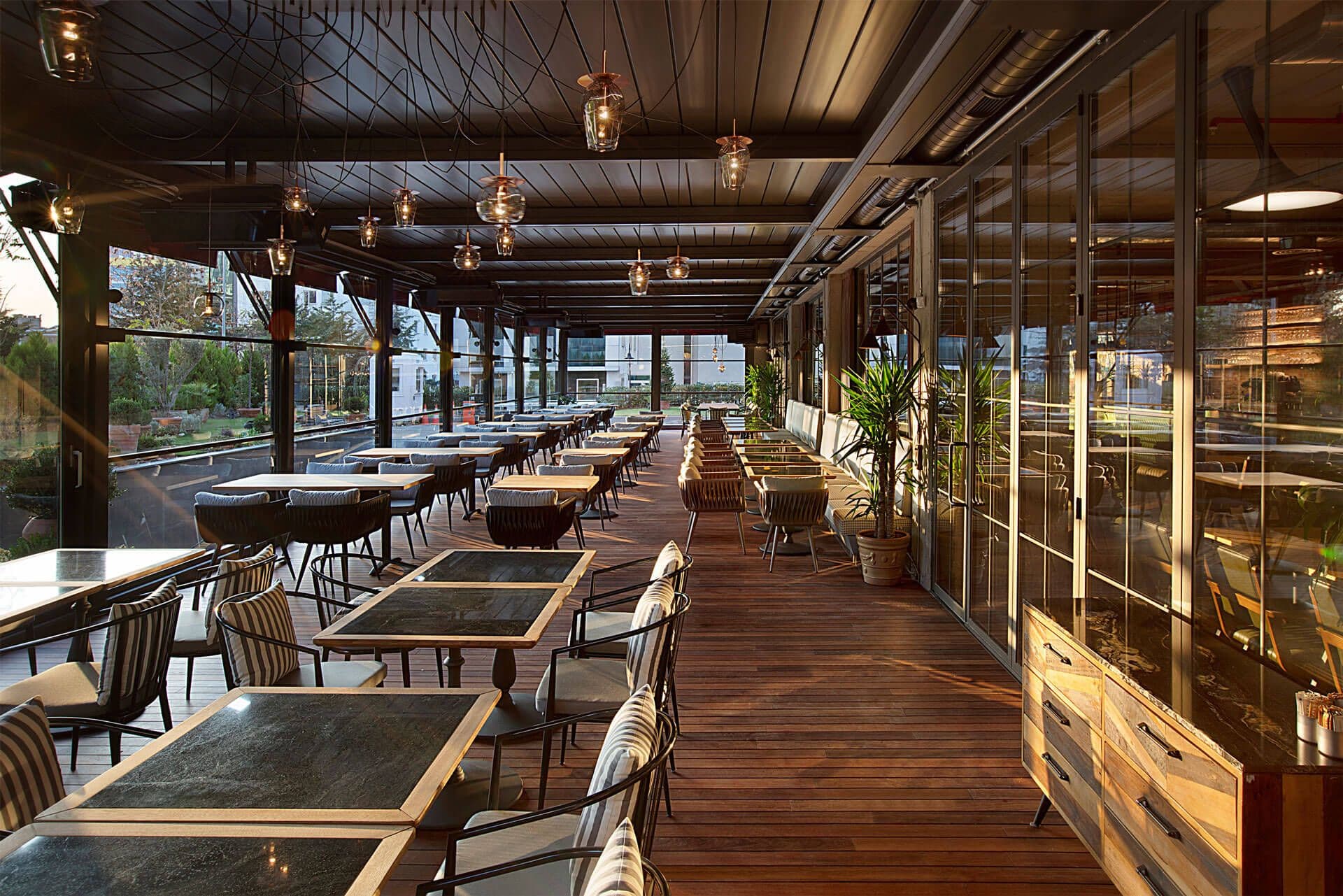 commercial pergola glass enclosure hanging lights 01