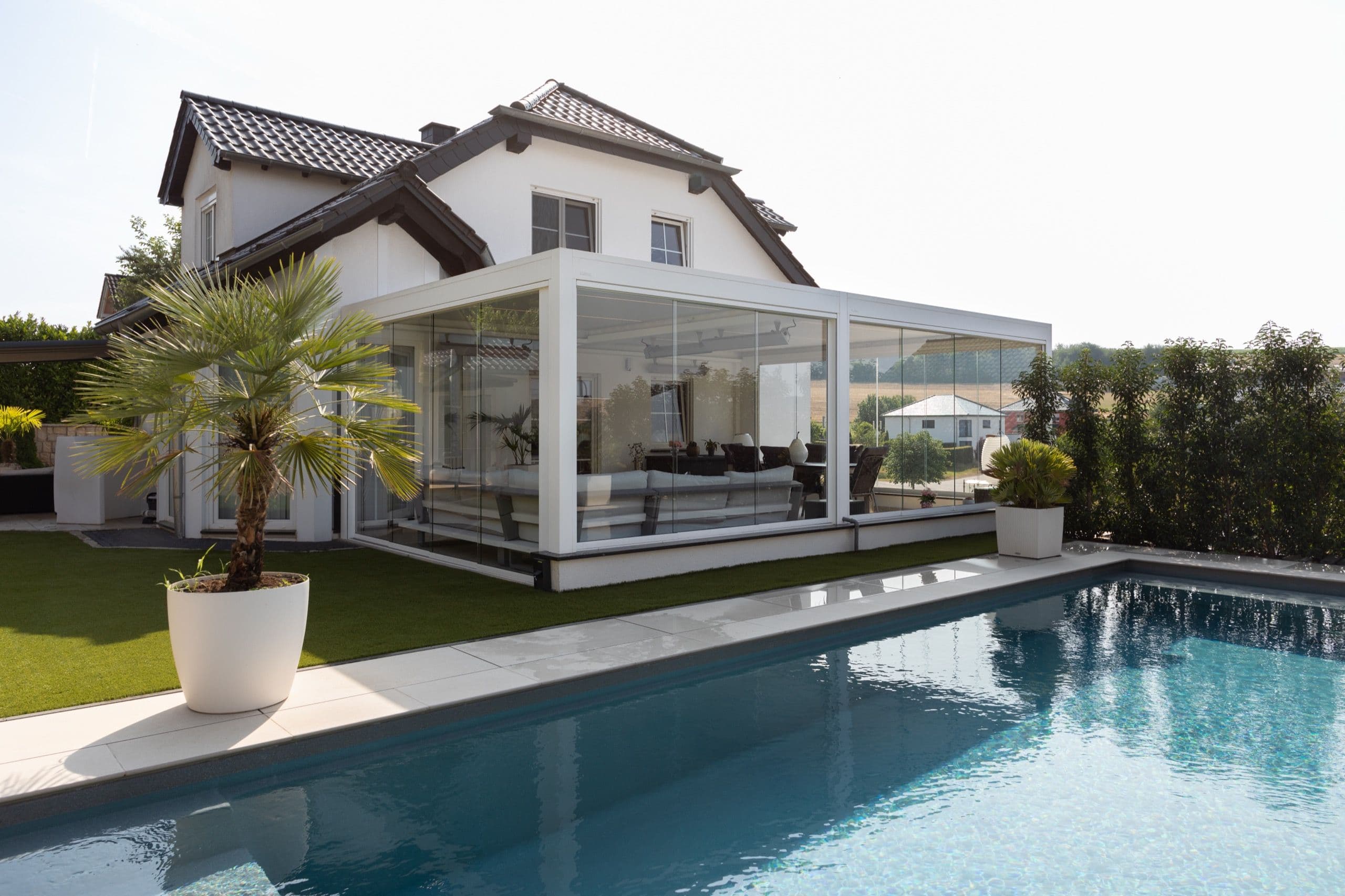 residential white pergola pool glass doors 01