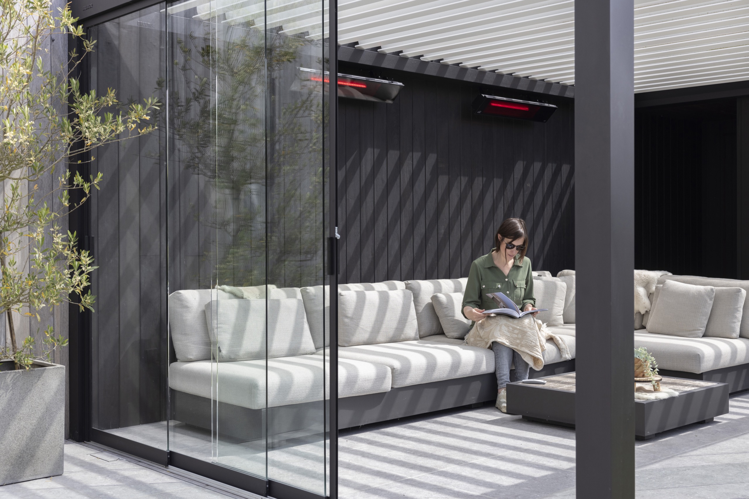 Sliding glass panels partially open